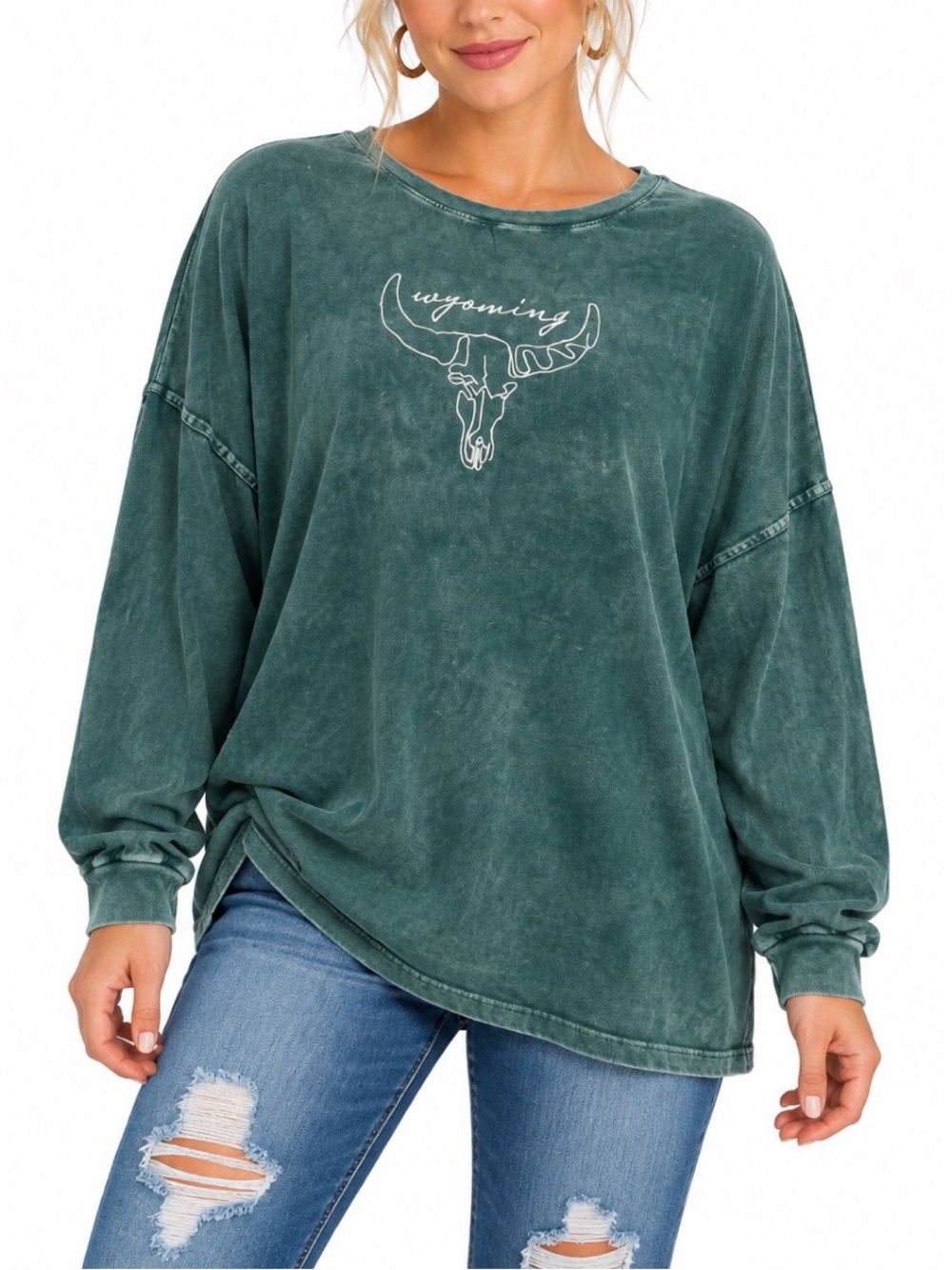 Chicka-D Green vintage-style acid wash long-sleeve t-shirt, Embroidered Wyoming